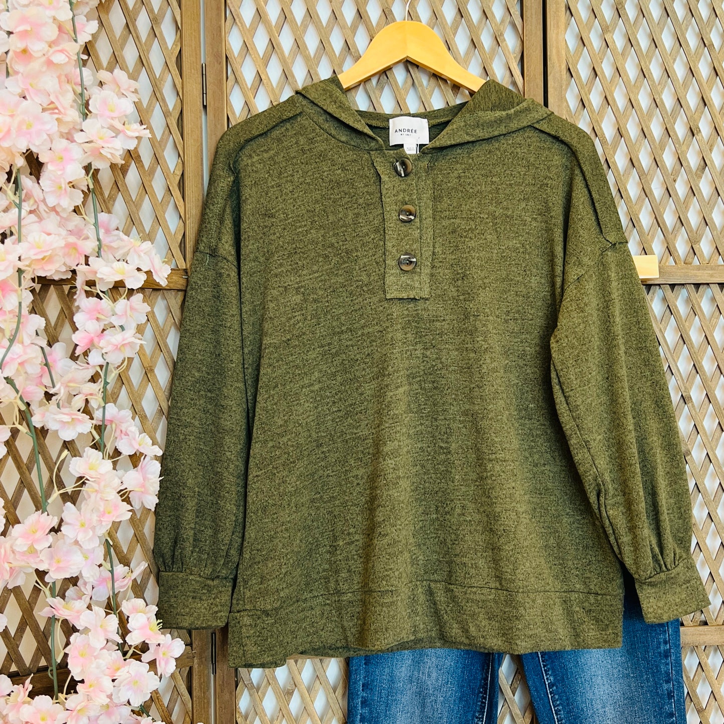 Hooded Top with Front Buttons. OLIVE