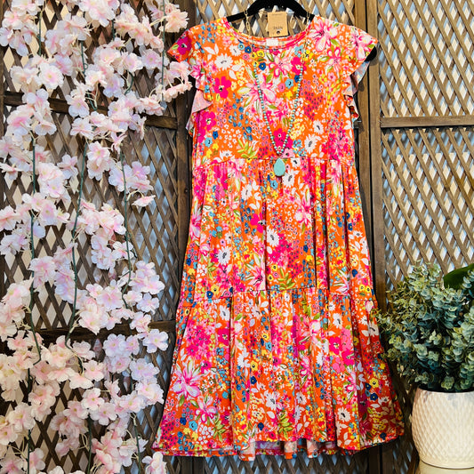 Floral Tiered Dress: Orange