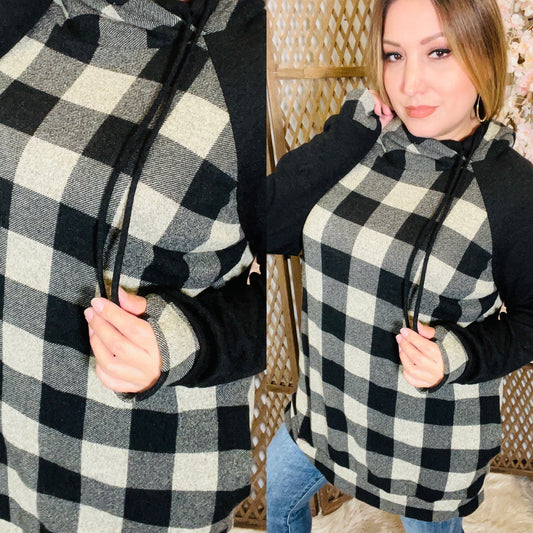 Black/Taupe Plaid Hooded Sweatshirt