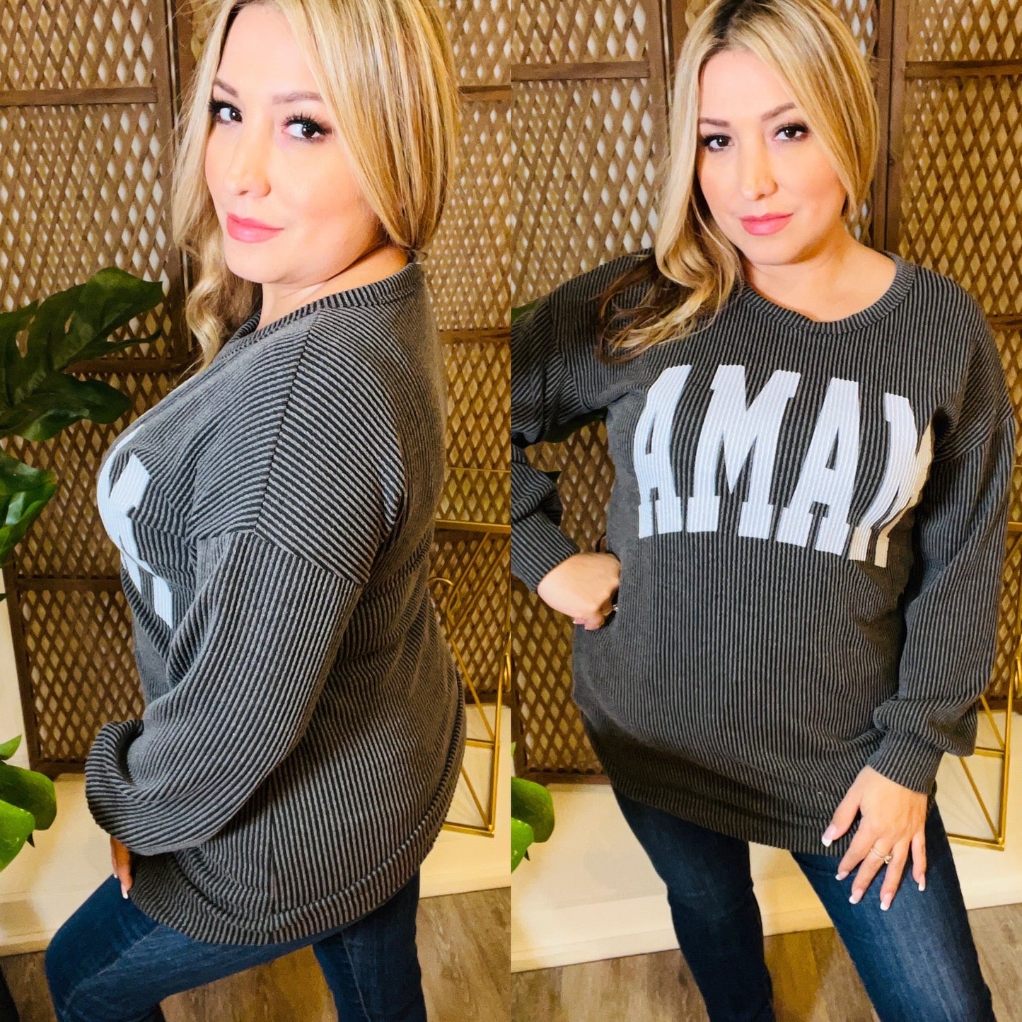 Mama Long Sleeve Ribbed Top CHARCOAL