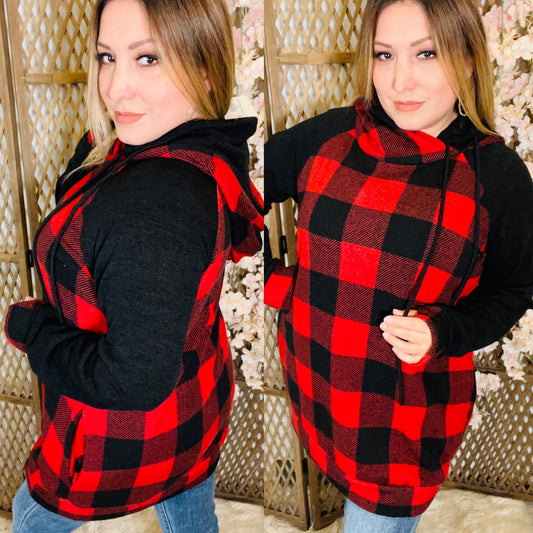 Black/Red Plaid Hooded Sweatshirt