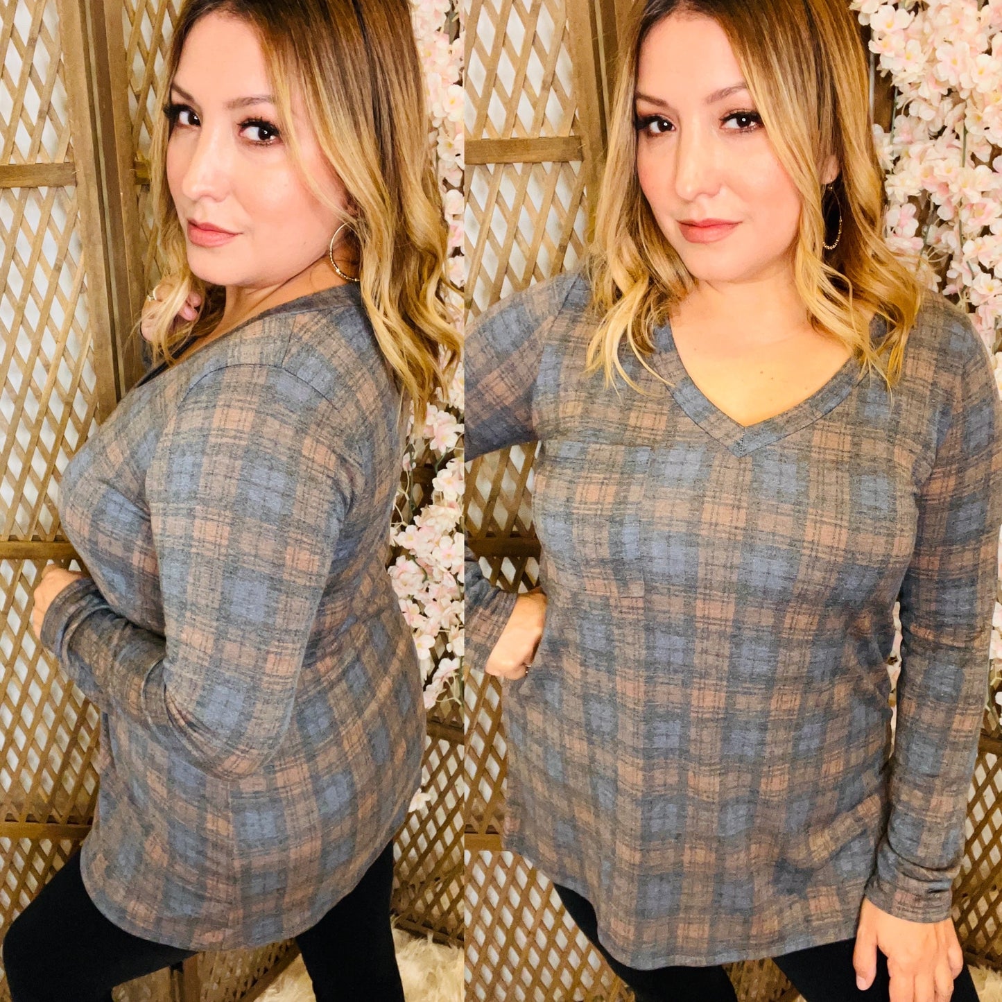 Plaid V-Neck Long sleeve Top