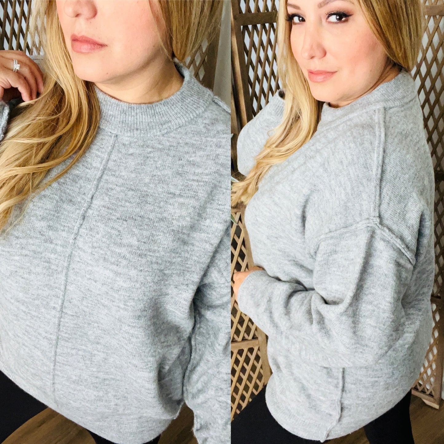 Melange Front Seam Round Neck Sweater: Grey