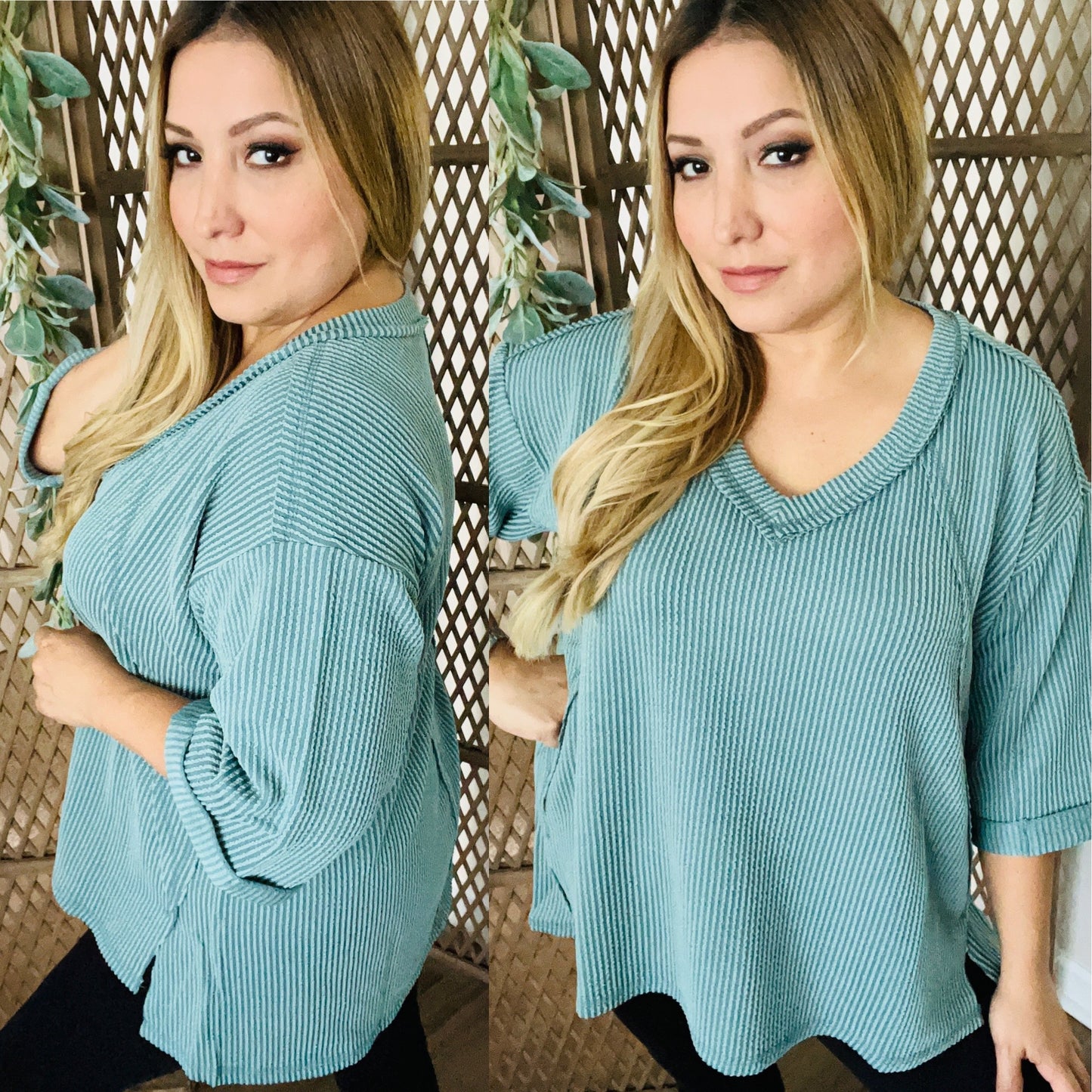 Corded Rib 3/4 Sleeve Hi-Low V Neck Top: Jade