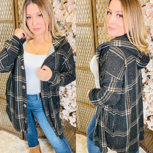 Puff Sleeve Plaid Shacket CHARCOAL