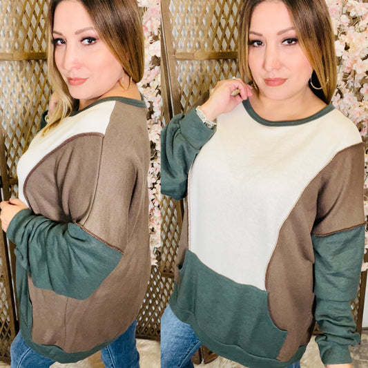 Color Block Pull Over Sweatshirt (Brown)