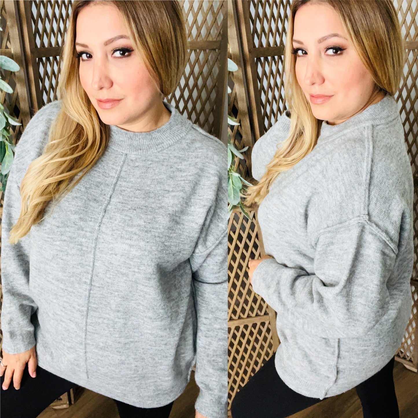 Melange Front Seam Round Neck Sweater: Grey