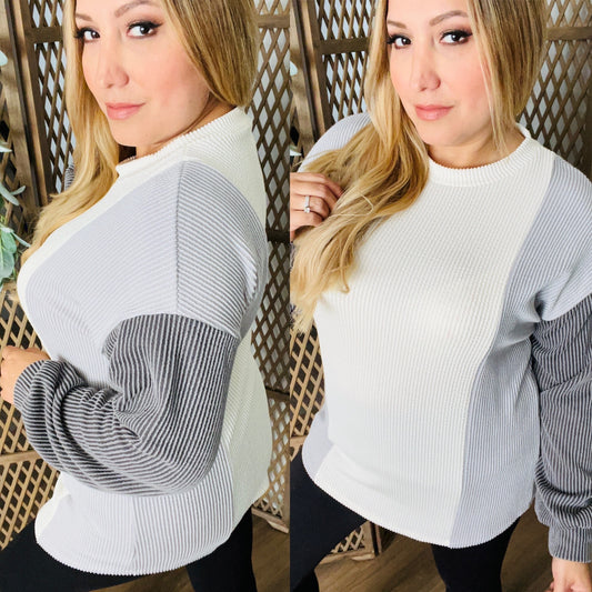 Color Block Bishop Sleeve Top: Charcoal