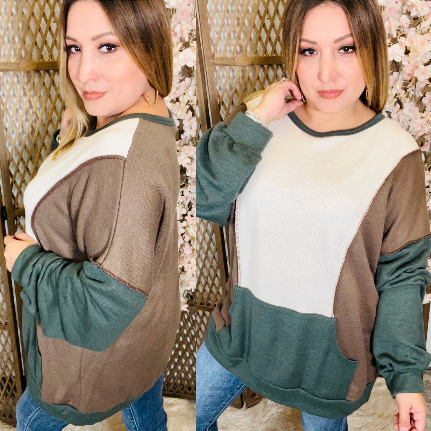 Color Block Pull Over Sweatshirt (Brown)