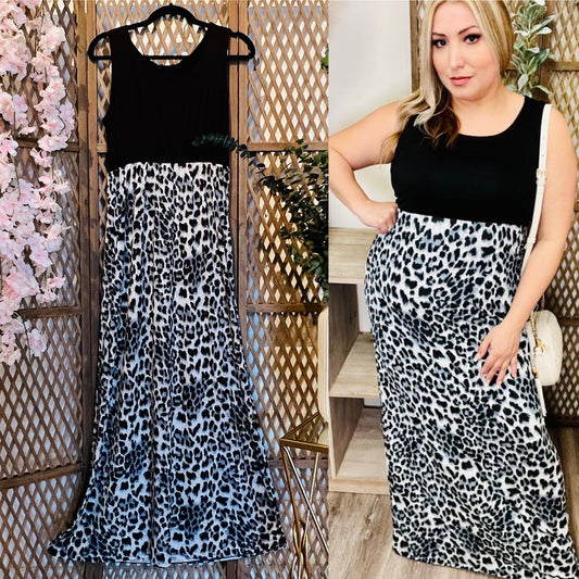 Grey Leopard Print Bottom Maxi Dress