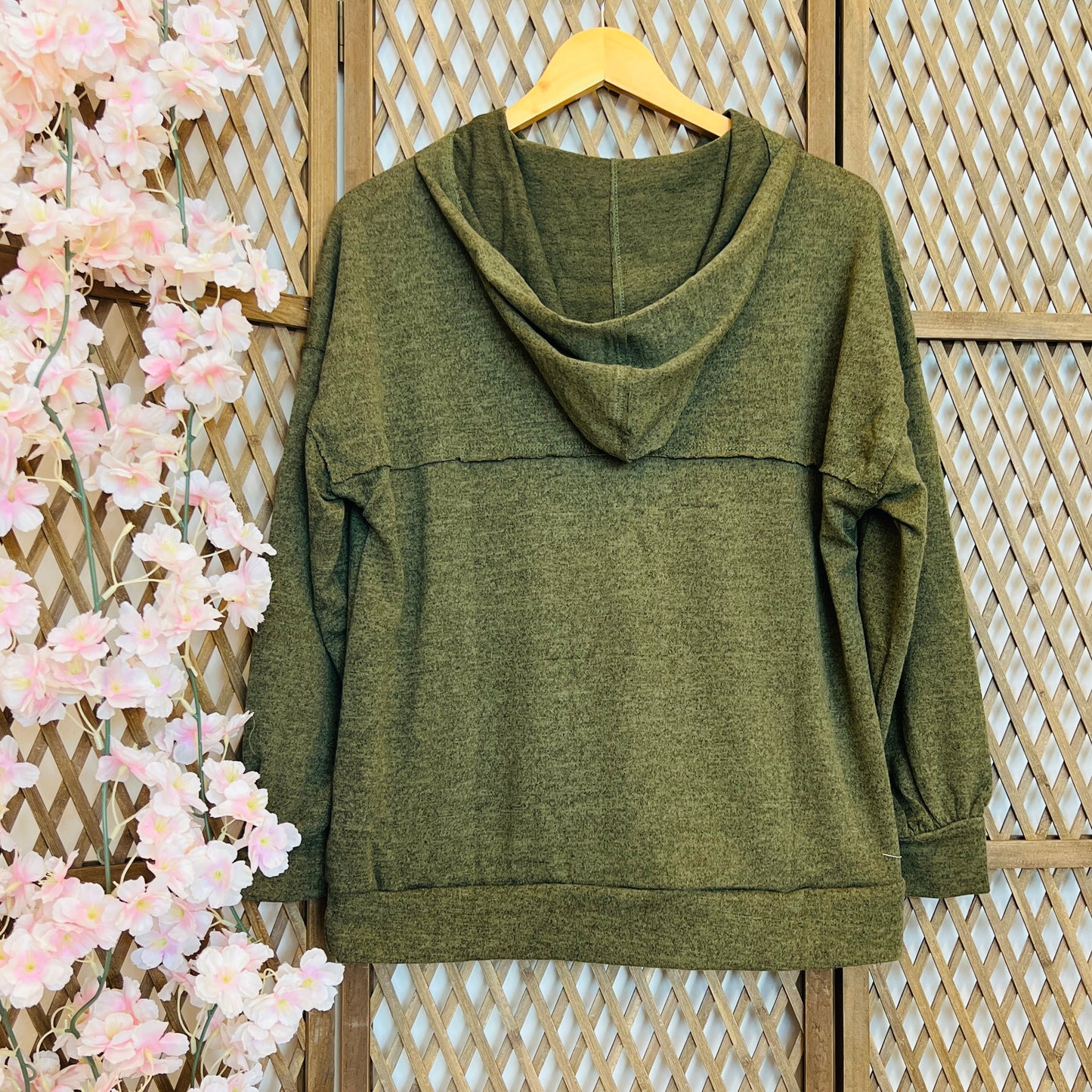 Hooded Top with Front Buttons. OLIVE