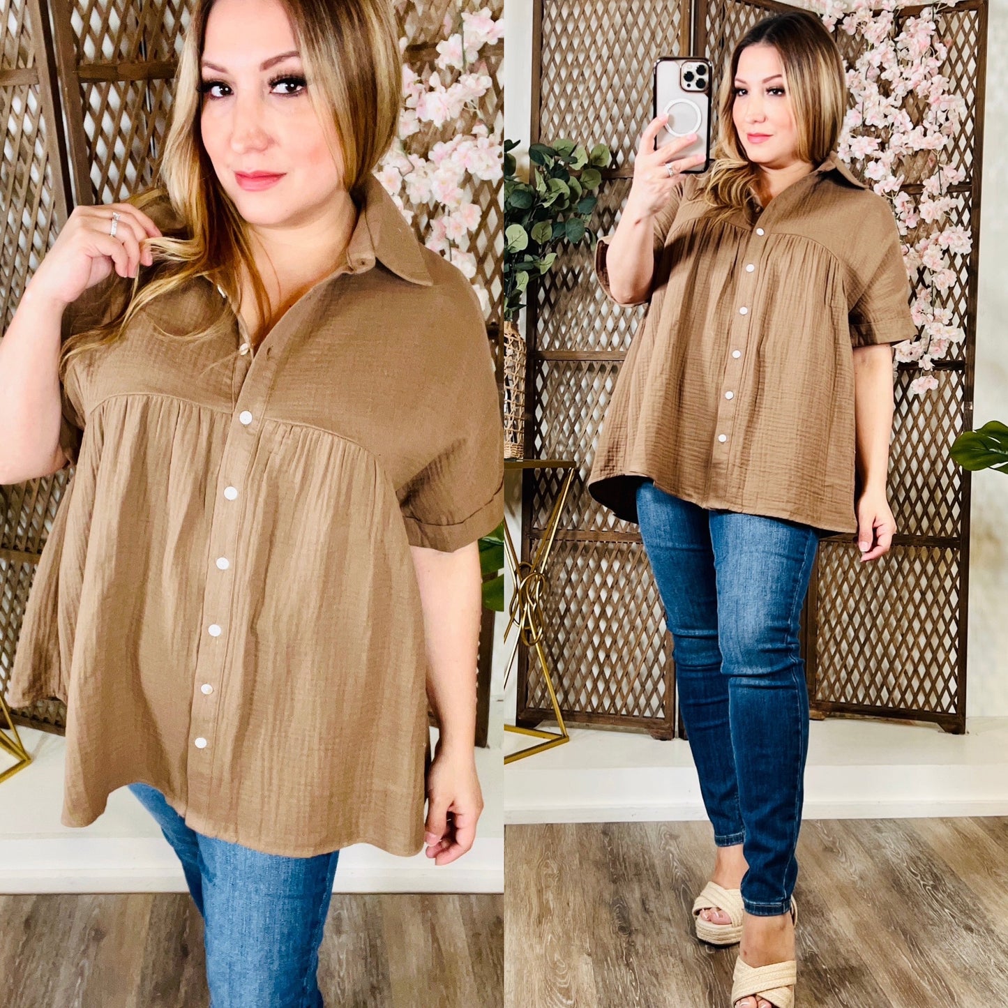 Mocha Button Loose Fit Top