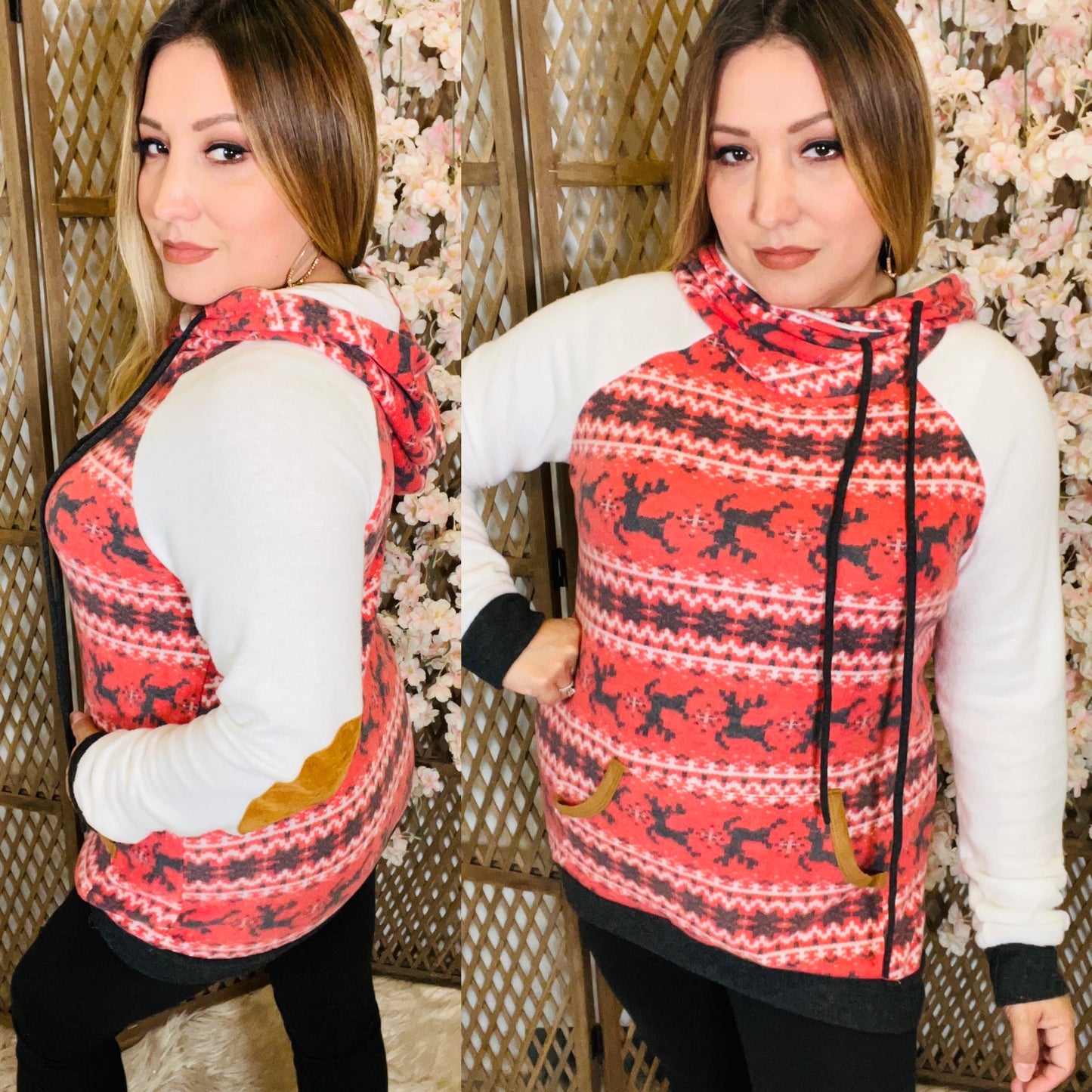 Reindeer Print Raglan Sleeve Hoodie