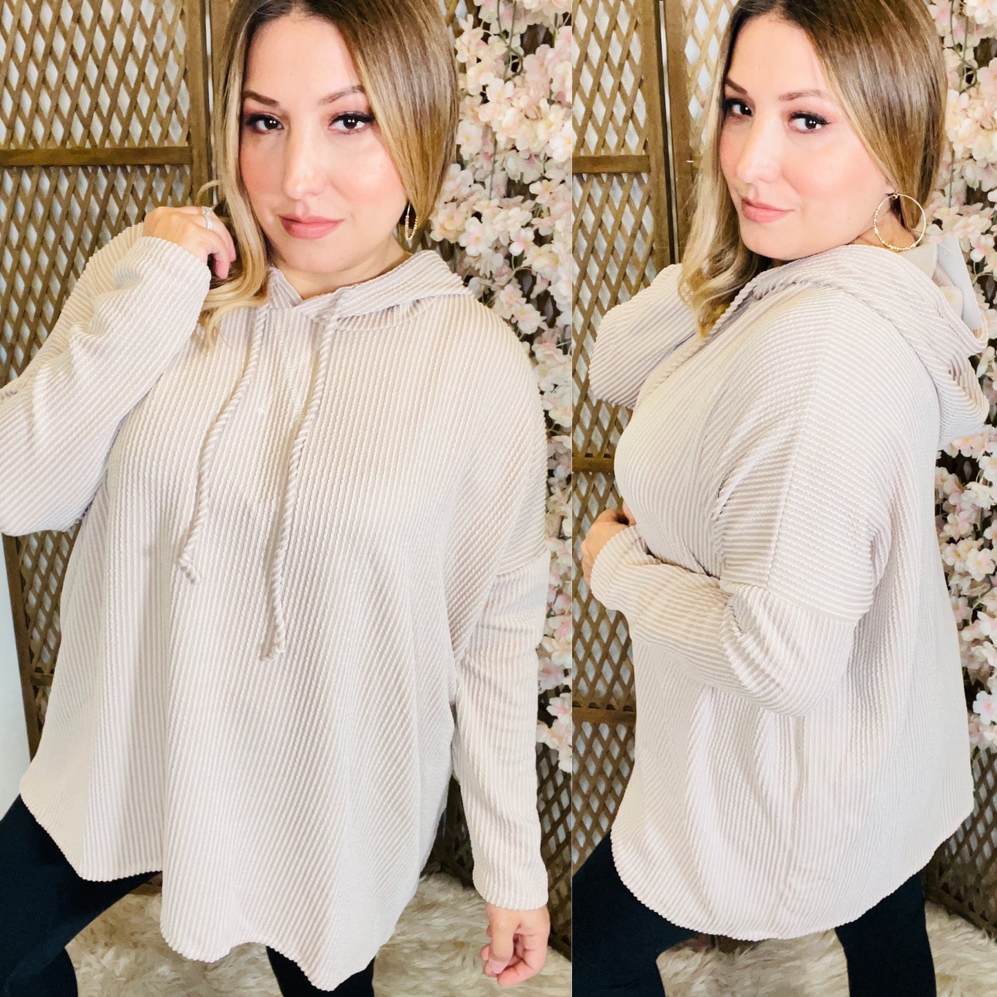 LONG SLEEVE DRAWSTRING HOODED TOP - OATMEAL