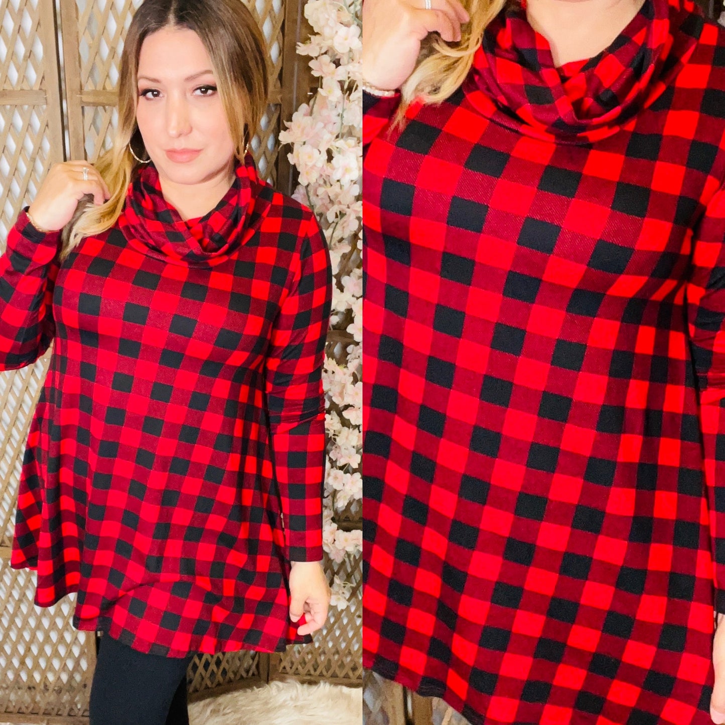 Red Checkered Cowl Neck Tunic