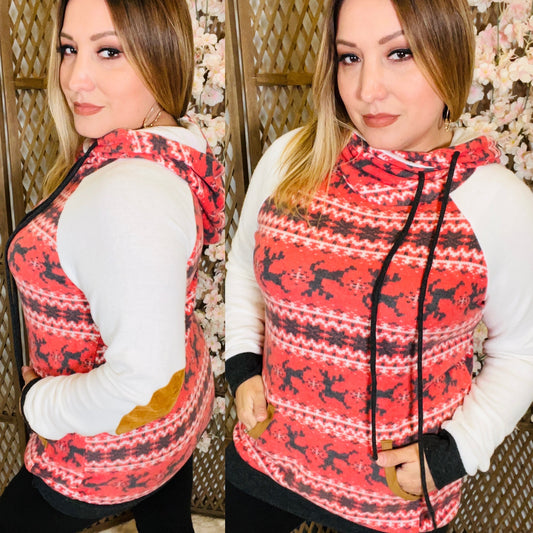 Reindeer Print Raglan Sleeve Hoodie