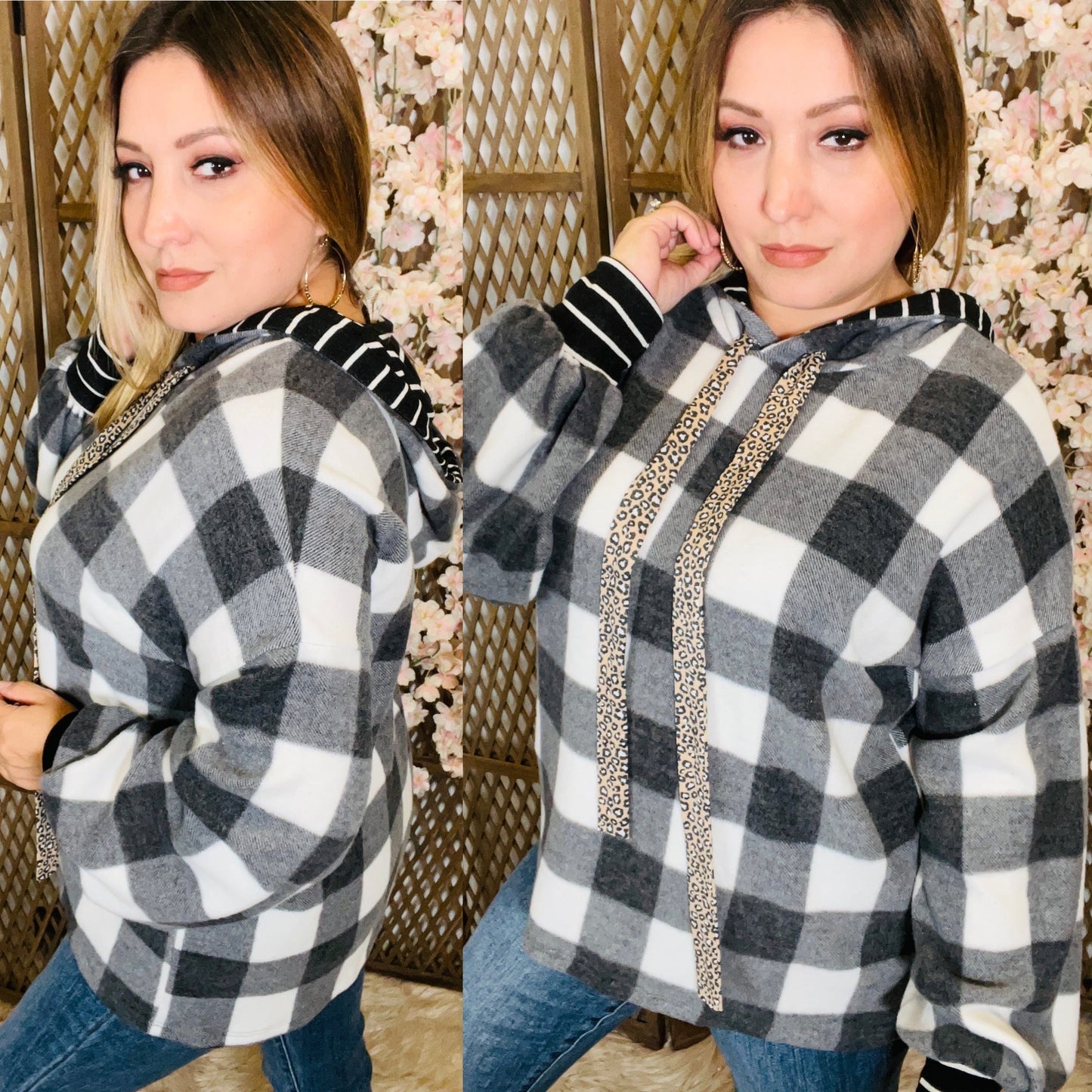 Cheetah Drawstring Plaid Hoodie