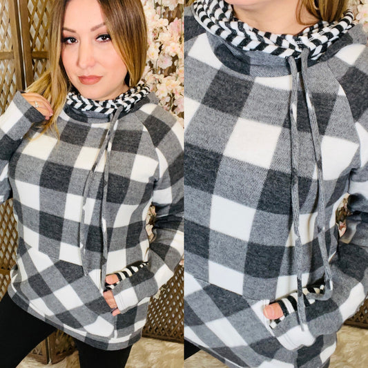 Checkered Hooded Sweatshirt (Black/Ivory)