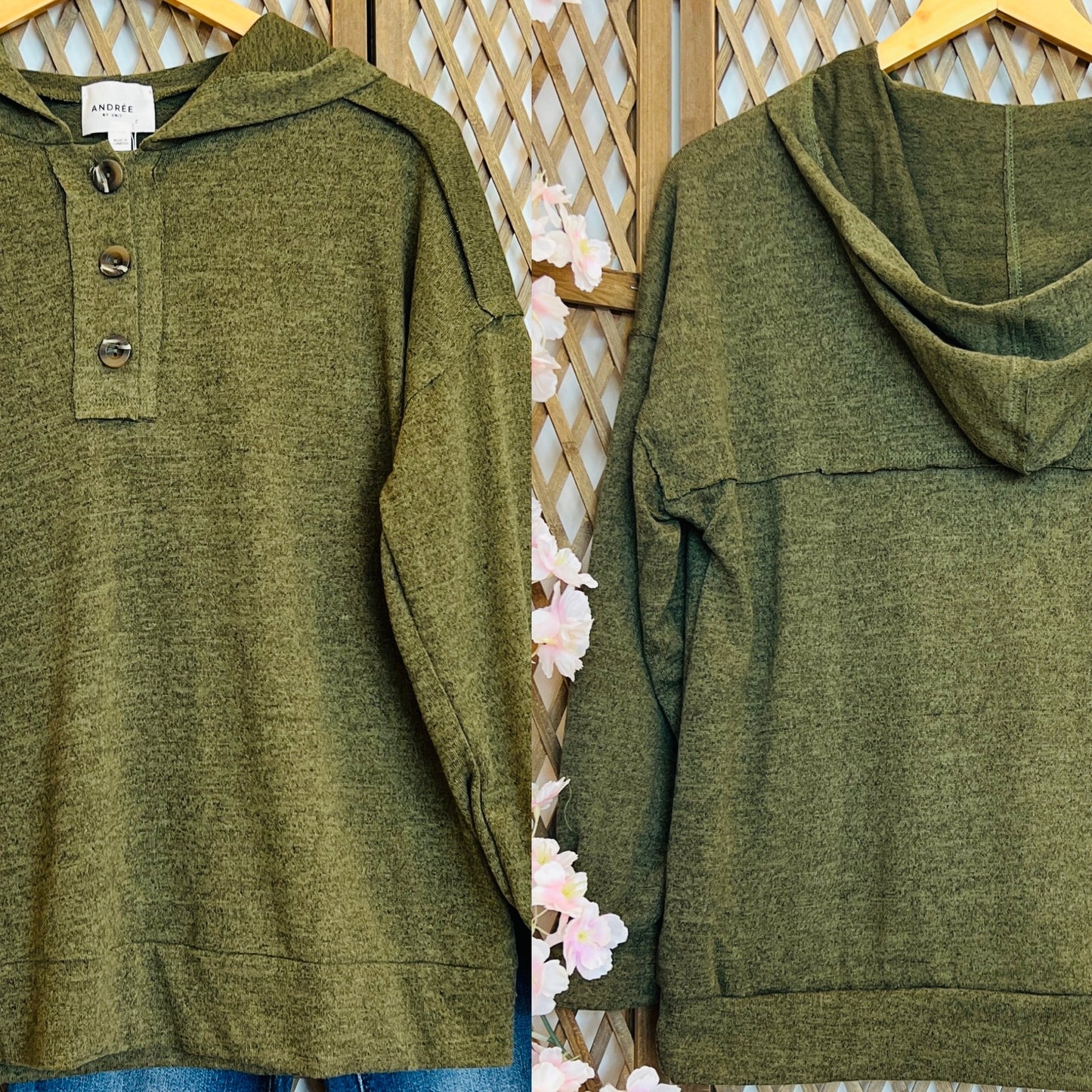 Hooded Top with Front Buttons. OLIVE