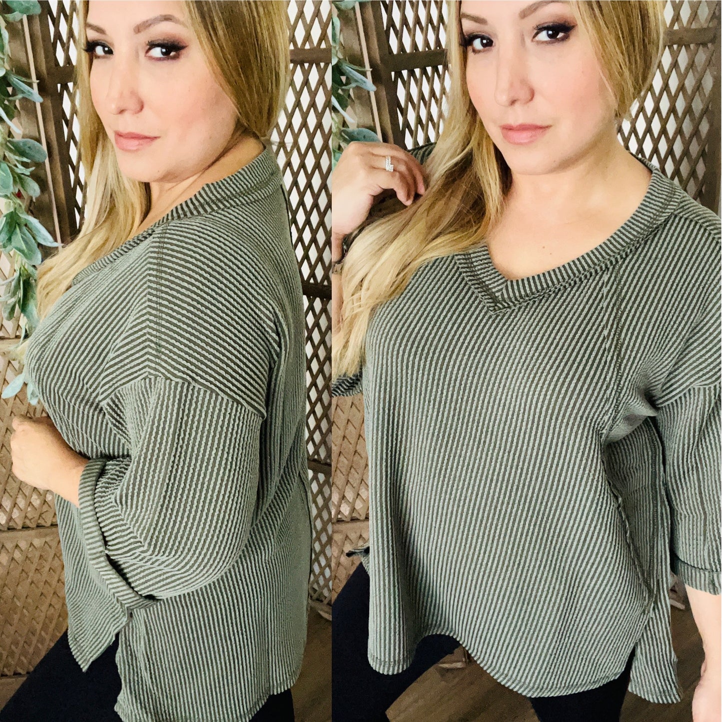 Corded Rib 3/4 Sleeve Hi-Low V Neck Top: DK Olive