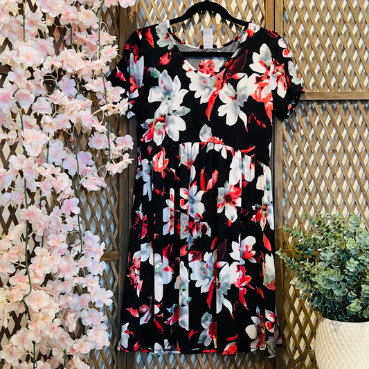 Black Background Floral Dress with Pockets