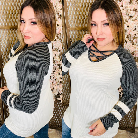 Criss Cross V Neck Raglan (Charcoal)