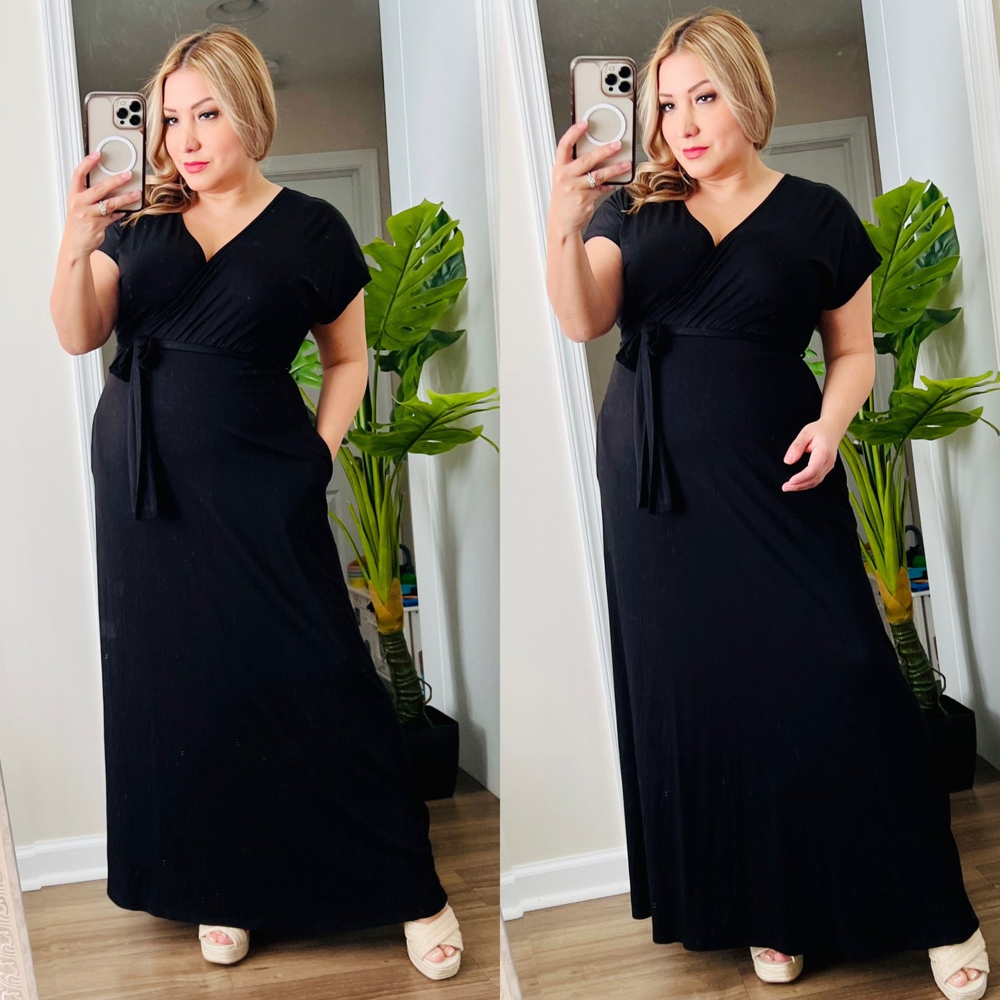 Solid Black Maxi Wrap Dress